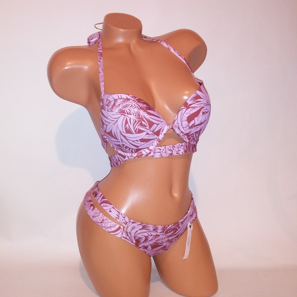 Victoria Secret Swim Bikini 32D Top Small Brazilian Bottom Push Up Purple Ginger